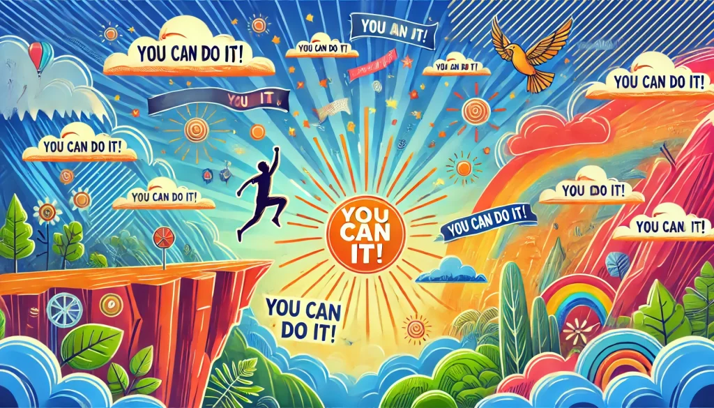 An illustration of a person joyfully leaping from one cliff to another, with a vibrant sky filled with motivational symbols like a sun, birds, and banners reading 'You Can Do It!' The scene radiates positivity and inspiration.