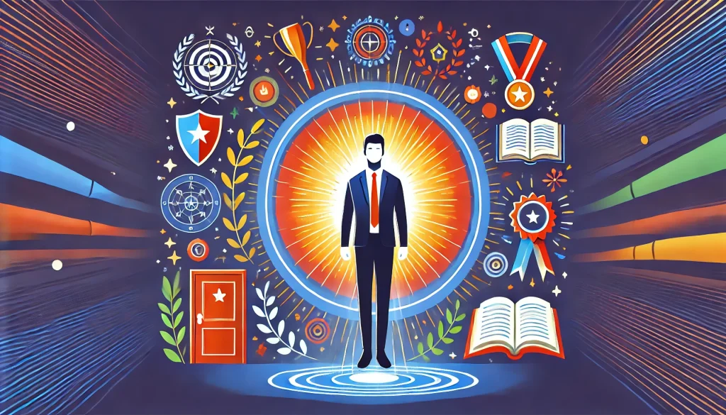 An illustration of a person radiating confidence, with a glowing aura and symbols of success around them like medals, books, and open doors. The colors and elements represent achievement and positivity.