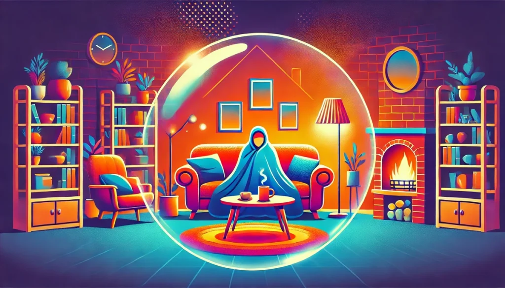 An illustration of a person sitting in a cozy, brightly colored living room, surrounded by a blanket, coffee mug, and soft lighting, while a glowing bubble surrounds them, symbolizing the comfort zone. The scene is warm and inviting, with vibrant colors emphasizing comfort and safety.