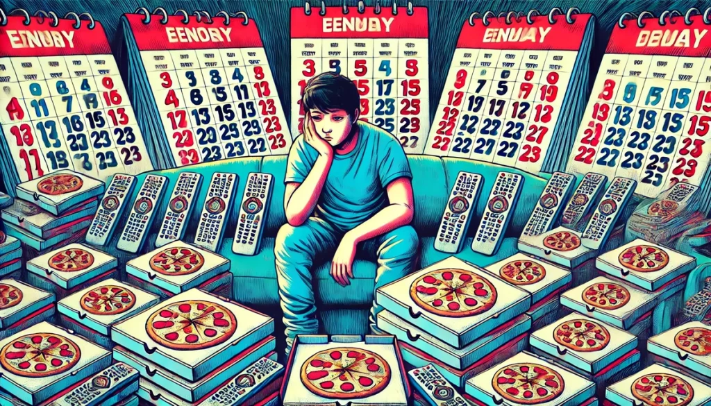 An illustration of a person sitting on a couch with a bored expression, surrounded by stacks of TV remotes, pizza boxes, and a calendar showing the same day repeating. The colors emphasize monotony and repetition, creating a sense of being stuck.