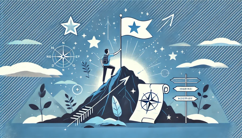 An illustration of a person standing at the base of a hill holding a map with a visible but approachable flag at the top, surrounded by motivational symbols like stars and arrows. The scene conveys determination and focus on achieving goals.