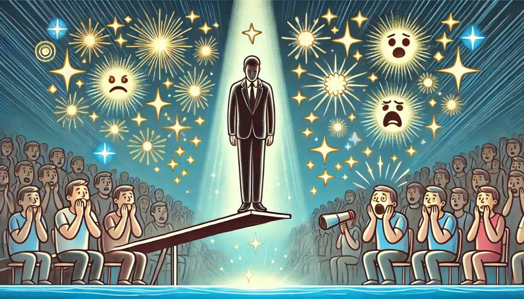 An illustration of a person standing on a diving board, looking nervous but surrounded by glowing excitement symbols like stars, sparkles, and a cheering crowd below. The scene reflects the transformation of fear into excitement.