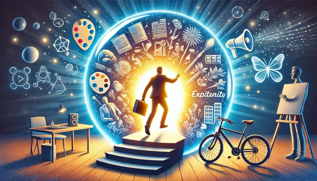 An illustration of a person stepping out of a glowing bubble into a vibrant world full of dynamic activities, like painting, biking, and public speaking. The contrast between the bubble and the world outside emphasizes excitement and opportunity.