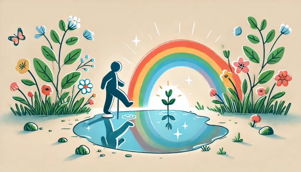 An illustration of a person taking a small but confident step over a tiny puddle, with a rainbow forming in the sky and flowers blooming around them. The scene feels hopeful and highlights the importance of small, meaningful actions.