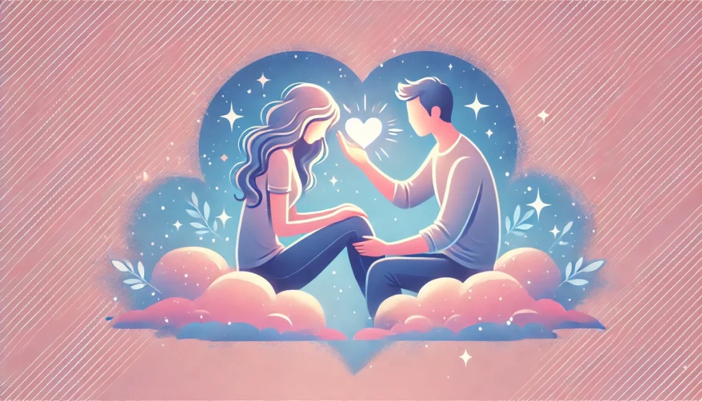 An illustration of one partner comforting the other, with a glowing heart between them symbolizing care and support, set against a soft pink and blue background with sparkles. The scene is tender and compassionate.