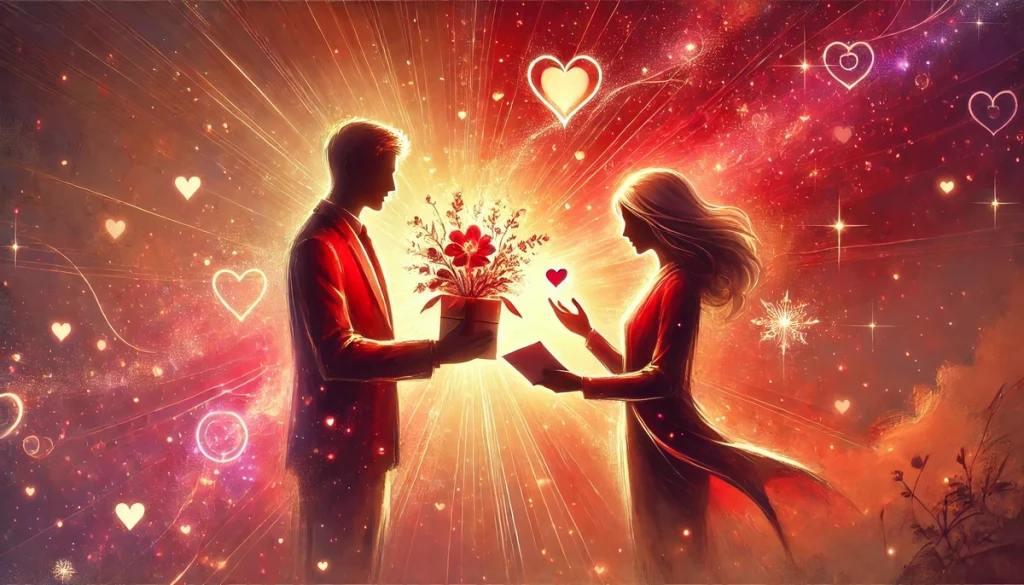 An illustration of one partner giving the other a heartfelt gift like a flower or note, with a glowing aura and a warm red, pink, and orange background filled with hearts and sparkles. The atmosphere is romantic and heartfelt.