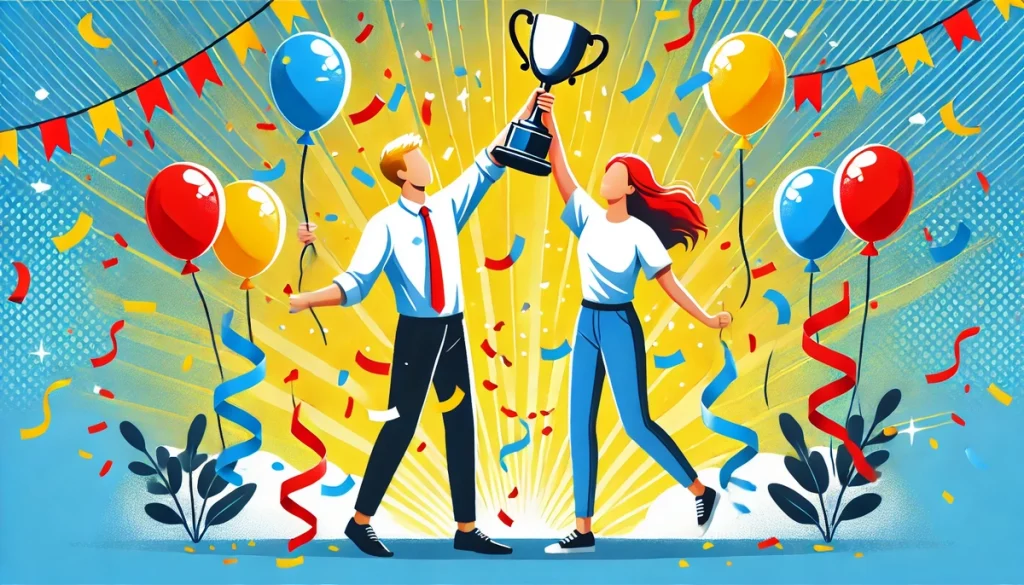 An illustration of one partner holding a trophy while the other cheers enthusiastically, surrounded by confetti and balloons, with bright yellows, reds, and blues highlighting the joy. The scene radiates celebration and mutual support.