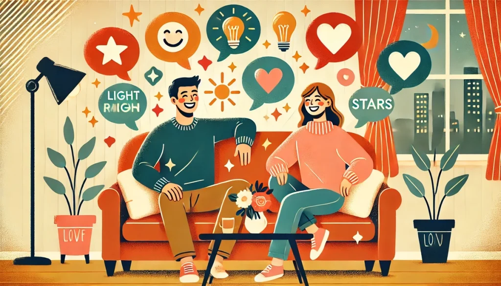 An illustration of two people sitting on a couch, laughing and talking openly, with colorful speech bubbles above them filled with hearts, light bulbs, and stars, in a cozy and cheerful setting. The colors are warm and inviting.