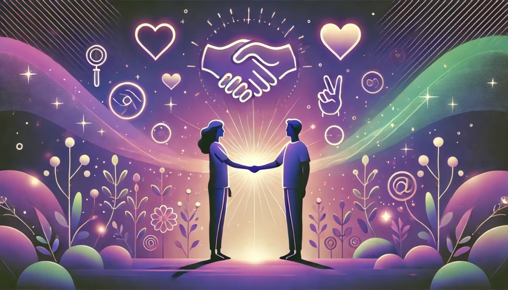 An illustration of two people standing back-to-back with raised hands in a supportive and respectful gesture, glowing handshake icons and heart shapes floating around, in soothing purples and greens. The atmosphere is harmonious and respectful.