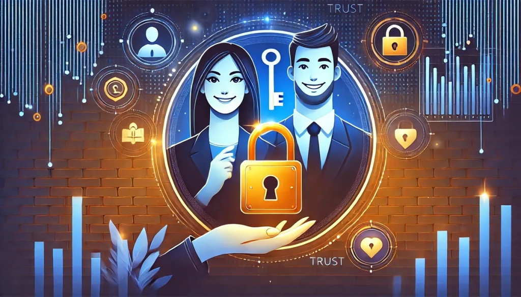 An illustration of two smiling partners, one being a woman, holding a lock and key, symbolizing trust and security, with a sturdy background of bricks and glowing trust icons, in deep blues and golds. The atmosphere is stable and reassuring.