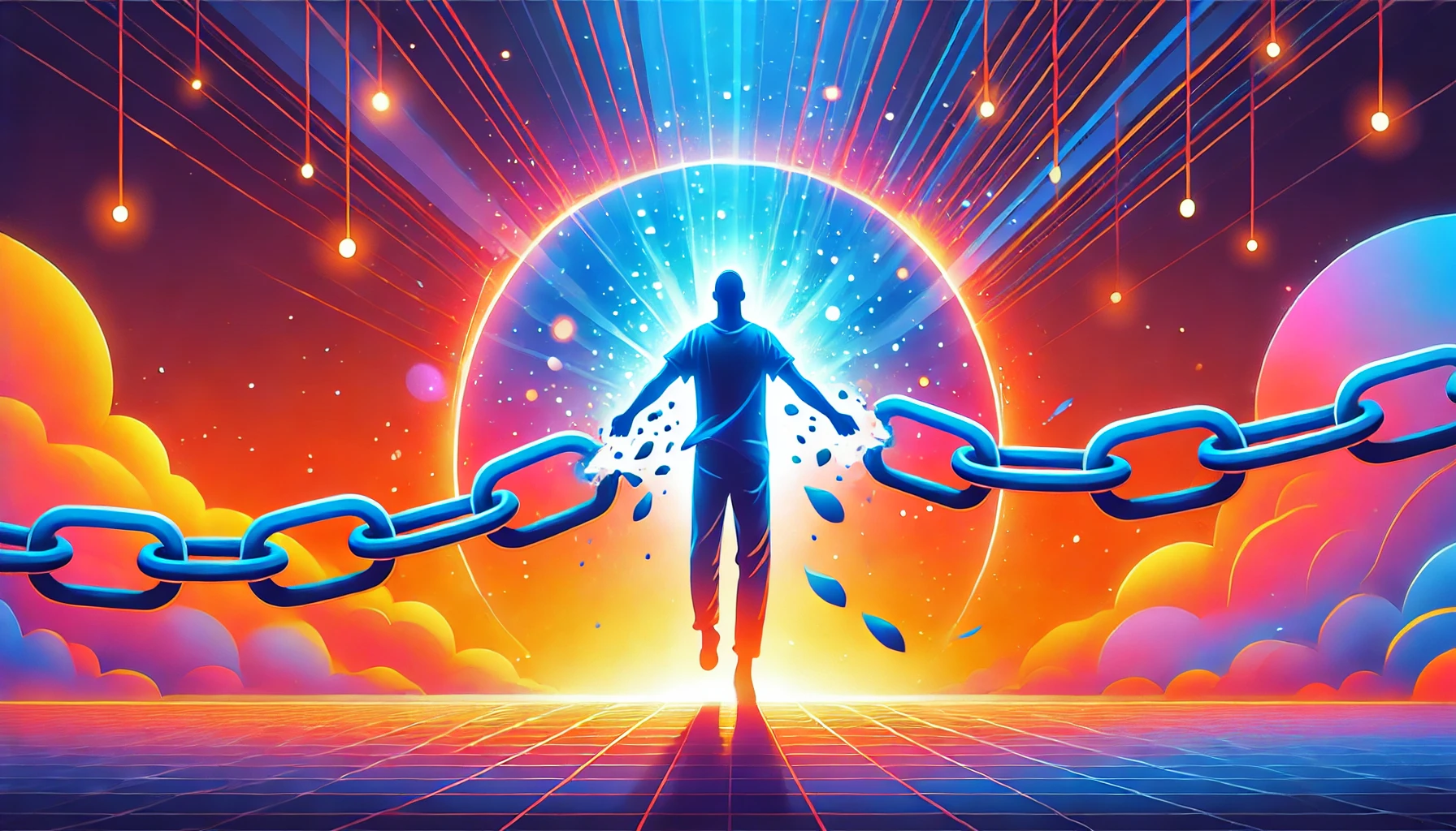 Digital art of a person breaking free from chains symbolizing burnout, with a glowing, colorful background featuring gradients of orange, blue, and pink. The individual stands tall, radiating energy and hope, representing recovery and renewal.