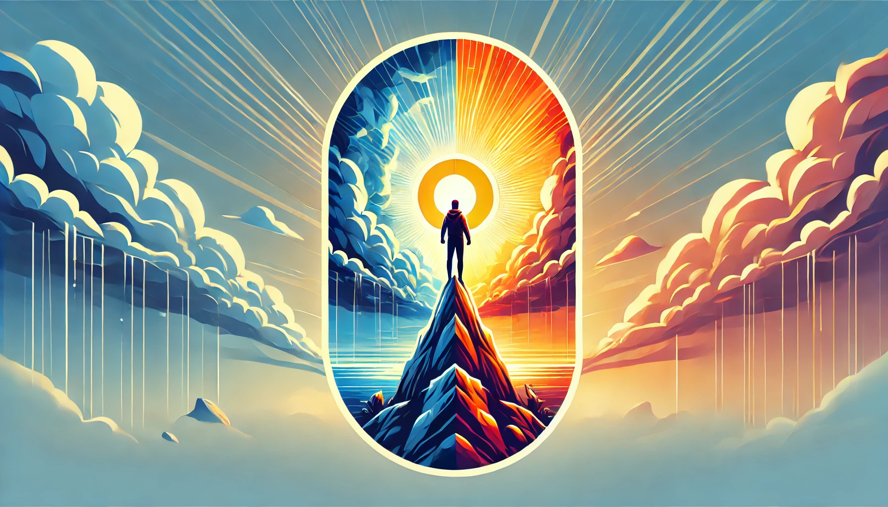 A person standing confidently on a rocky mountain peak with a glowing aura, set against a dramatic sky transitioning from stormy clouds to bright sunshine, symbolizing growth and overcoming challenges.