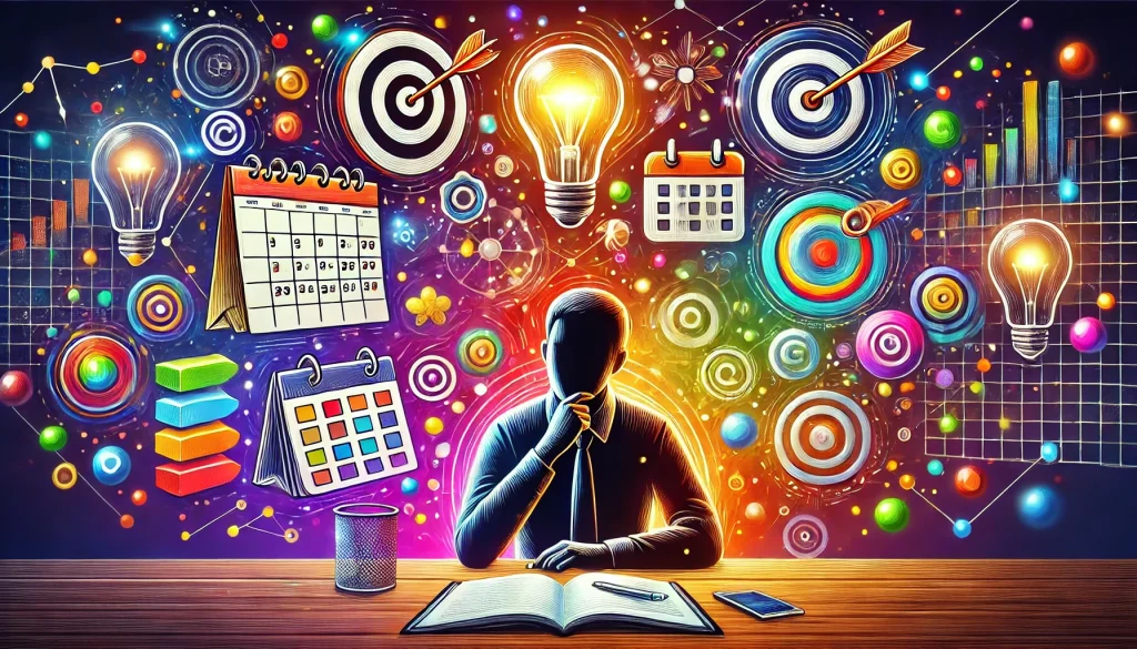 A visually appealing illustration of a brainstorming session, with floating colorful icons representing ideas like a calendar, checklist, target, and lightbulb, surrounding a person deep in thought. The artwork is colorful, captivating, and in a digital art style with realistic details.