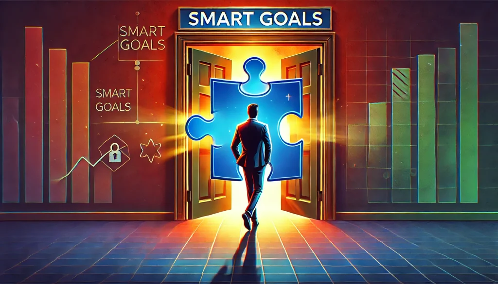 A digital art depiction of a confident individual standing in front of a puzzle piece-shaped door labeled 'SMART Goals,' with light shining through as they step forward. The image is colorful, eye-catching, and designed in a realistic yet digital art style.