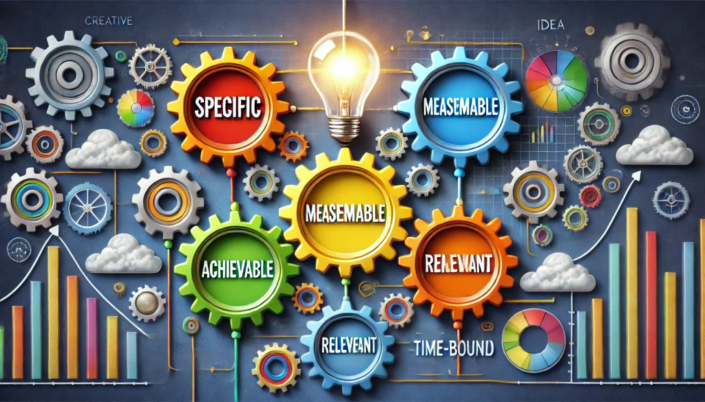 A creative digital chart showing interconnected gears labeled 'Specific,' 'Measurable,' 'Achievable,' 'Relevant,' and 'Time-Bound,' all working together to power a bright idea bulb at the top. The chart is colorful, engaging, and designed in a vibrant digital art style with realistic details.