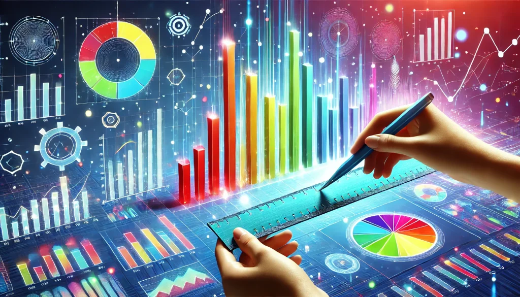 A bright digital scene featuring a person holding a ruler, with colorful bar graphs and pie charts glowing in the background to illustrate progress tracking. The artwork is vibrant, engaging, and realistic in a digital art style.