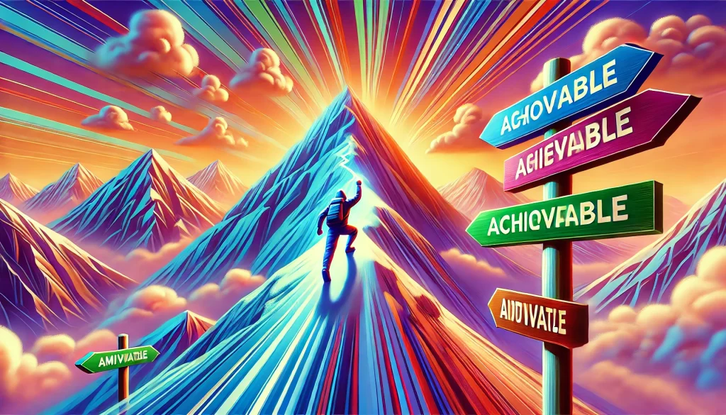 A dynamic visual of a person climbing a realistic, not-too-steep mountain, with signposts marking achievable milestones along the path. The scene is colorful, motivating, and designed in a vibrant digital art style with realistic details.