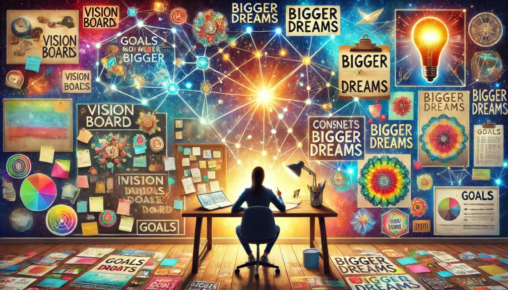 A realistic digital art style of a person sitting at a desk surrounded by vision boards and inspirational quotes, connecting the dots between their goals and bigger dreams. The image is colorful, motivating, and vibrant.