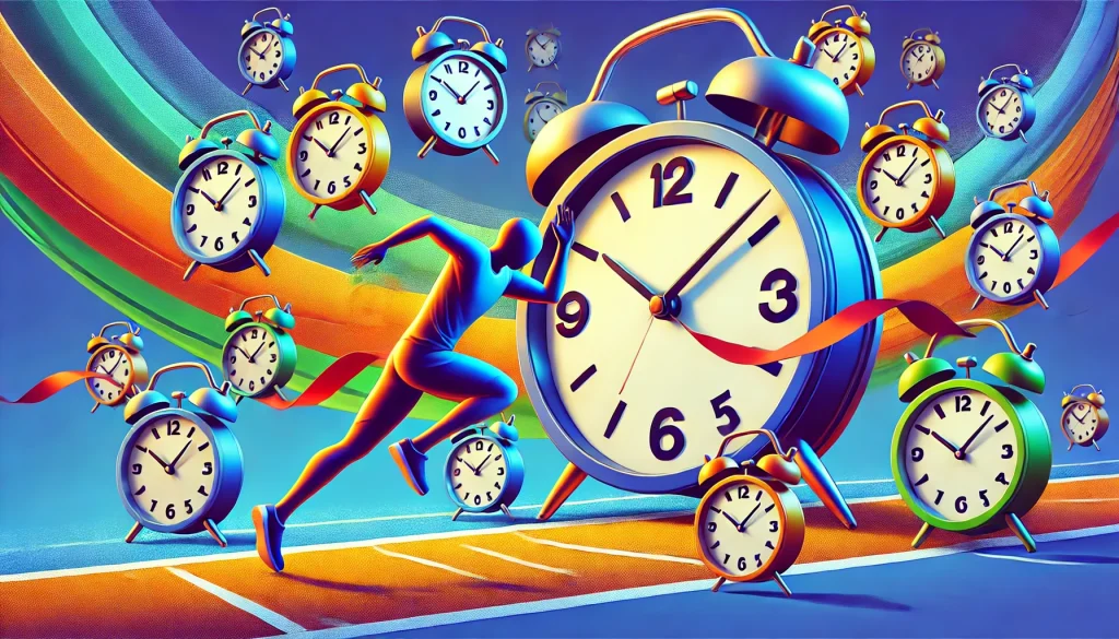 A clock in the shape of a finish line, with a person running toward it while smaller clocks float around, creating a sense of urgency and focus. The scene is colorful, vibrant, and designed in a realistic digital art style.