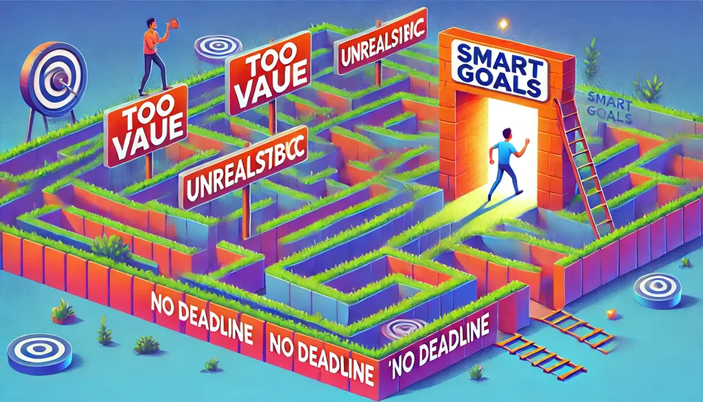 A colorful digital illustration of a maze filled with traps labeled 'Too Vague,' 'Unrealistic,' and 'No Deadline,' with a person successfully navigating toward a bright exit labeled 'SMART Goals.' The design is vibrant, engaging, and in a realistic digital art style.