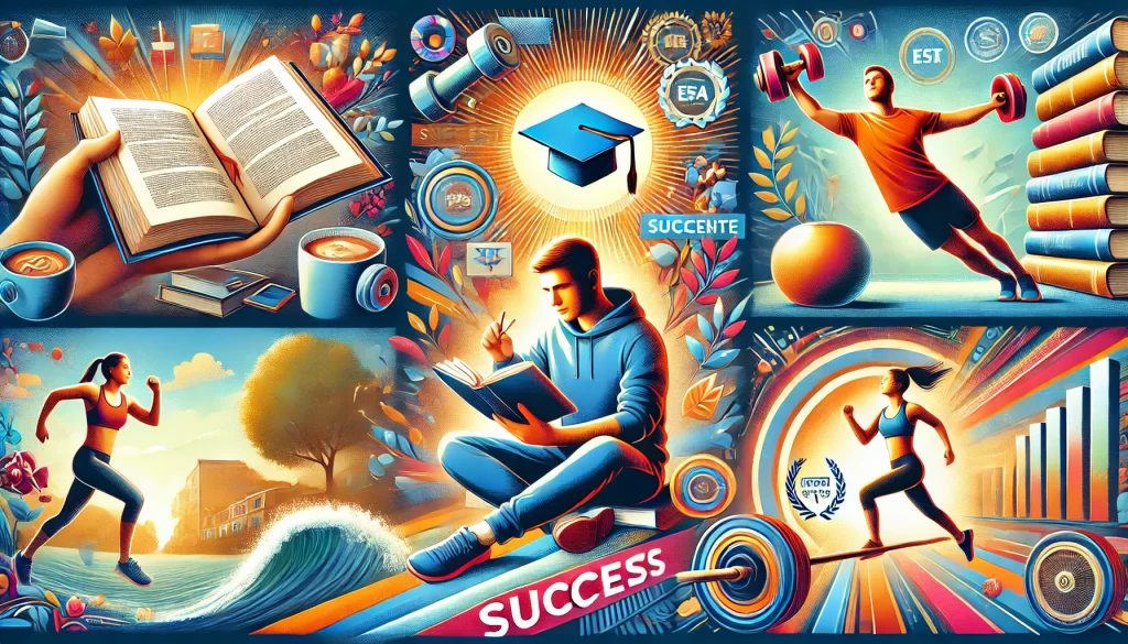 A lively collage of realistic digital images showcasing a person reading a book, completing a workout, and receiving a certification, symbolizing success in different areas. The image is colorful, dynamic, and in a vibrant digital art style.