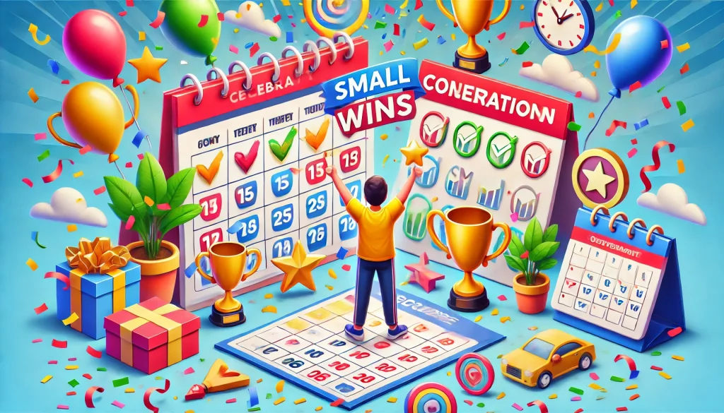 A cheerful digital art style featuring a person celebrating small wins, surrounded by confetti, trophies, and motivational posters, with a calendar in the background. The image is colorful, fun, and vibrant, designed in a realistic digital art style.