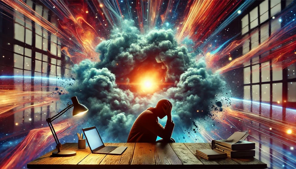 Digital art showing a person sitting at a desk with their head in their hands, surrounded by swirling dark clouds symbolizing stress. A faint light in the background represents hope and relief.