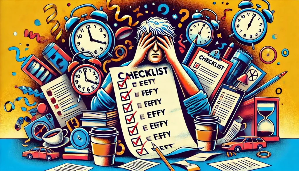 Illustration of a visibly tired person holding a checklist with 13 items. The scene includes symbolic elements like an alarm clock, empty coffee cups, and piles of paperwork, emphasizing overwhelm.