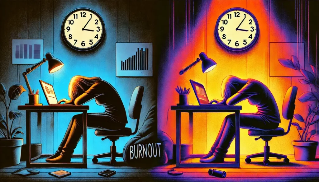 Side-by-side illustration comparing burnout and depression: one side shows a person slumped over a desk with a ticking clock, while the other shows a person sitting in darkness. Contrasting vibrant and muted tones highlight the differences.