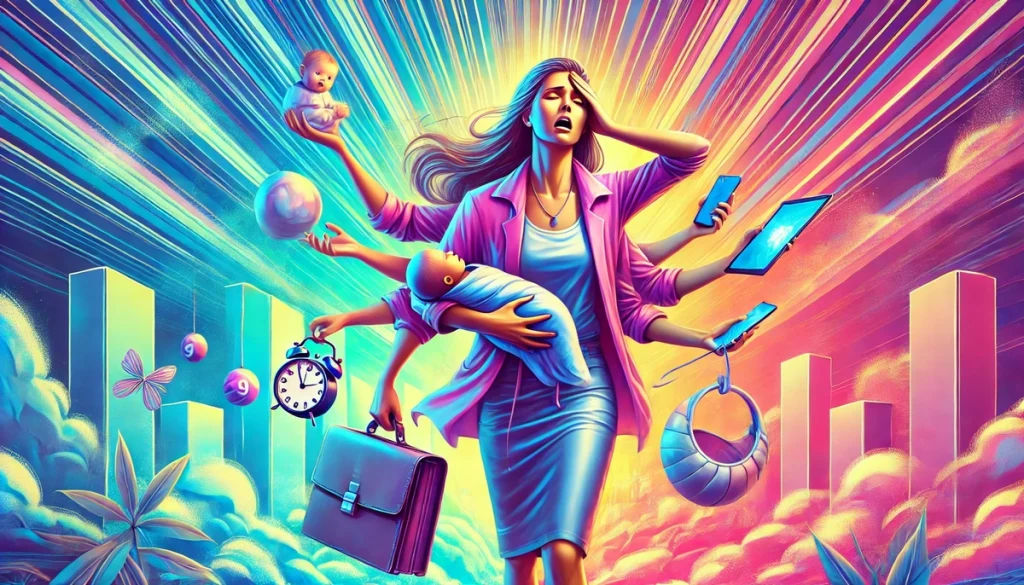 Artistic image of a woman juggling a briefcase, a baby, and a phone, looking visibly exhausted. The background transitions from vibrant chaos to calm serenity, symbolizing the need for balance.