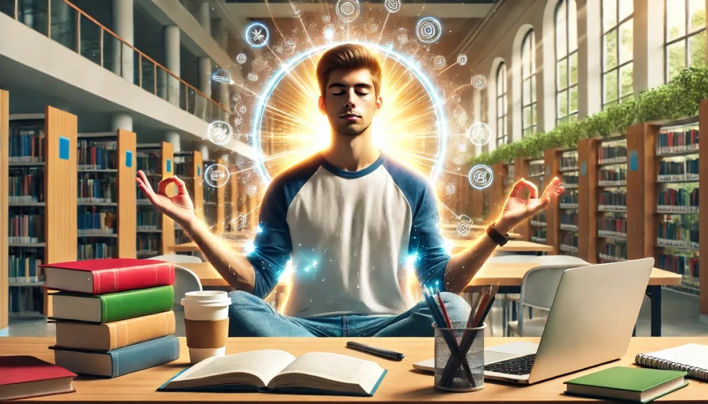 Digital artwork of a college student sitting at a desk surrounded by books and a laptop, meditating with a glowing aura. A serene library with sunlight streaming through a window forms the backdrop.