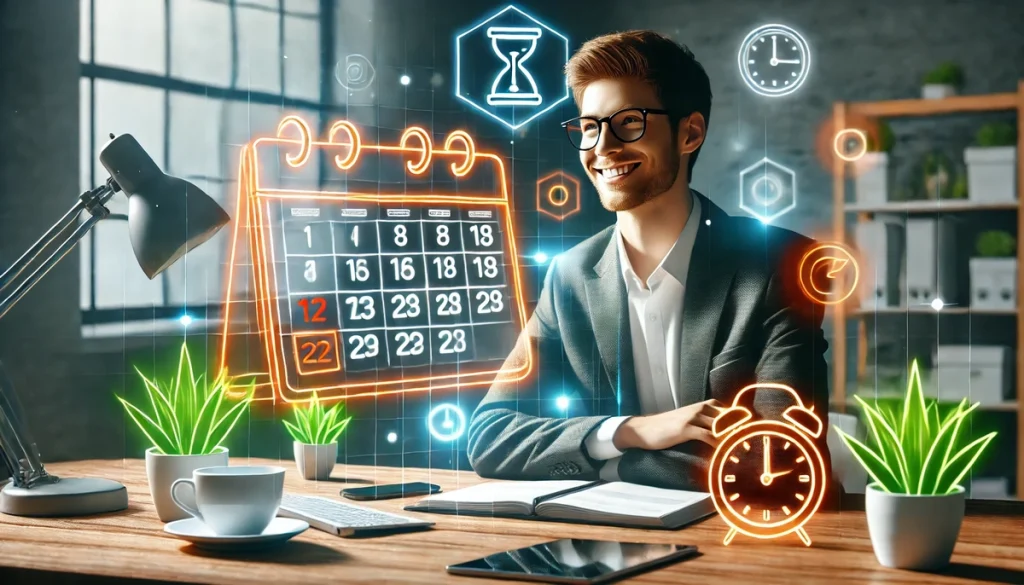 A professional sitting at a desk, smiling and relaxed, with a glowing calendar in the background symbolizing time management. Items like a coffee cup and plants add a refreshing touch.