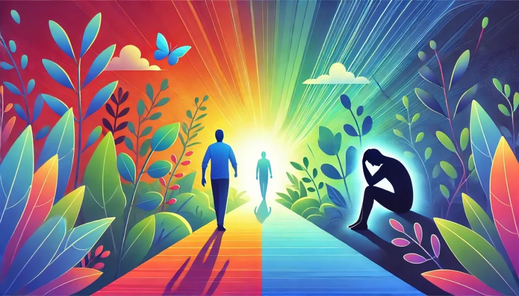 Motivational art showing a person walking along a bright nature path, leaving behind a shadowy figure symbolizing stress. The background transitions from dark to light, indicating recovery and hope.