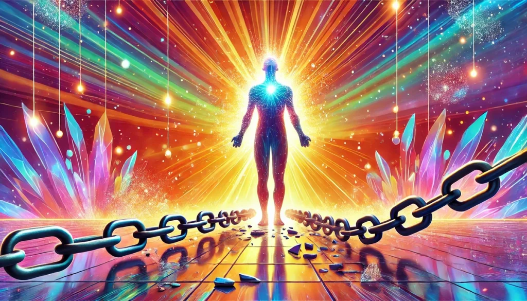 Illustration of a glowing, rejuvenated person standing tall with shattered chains at their feet, symbolizing freedom from burnout. Vibrant light rays radiate outward in an uplifting scene.