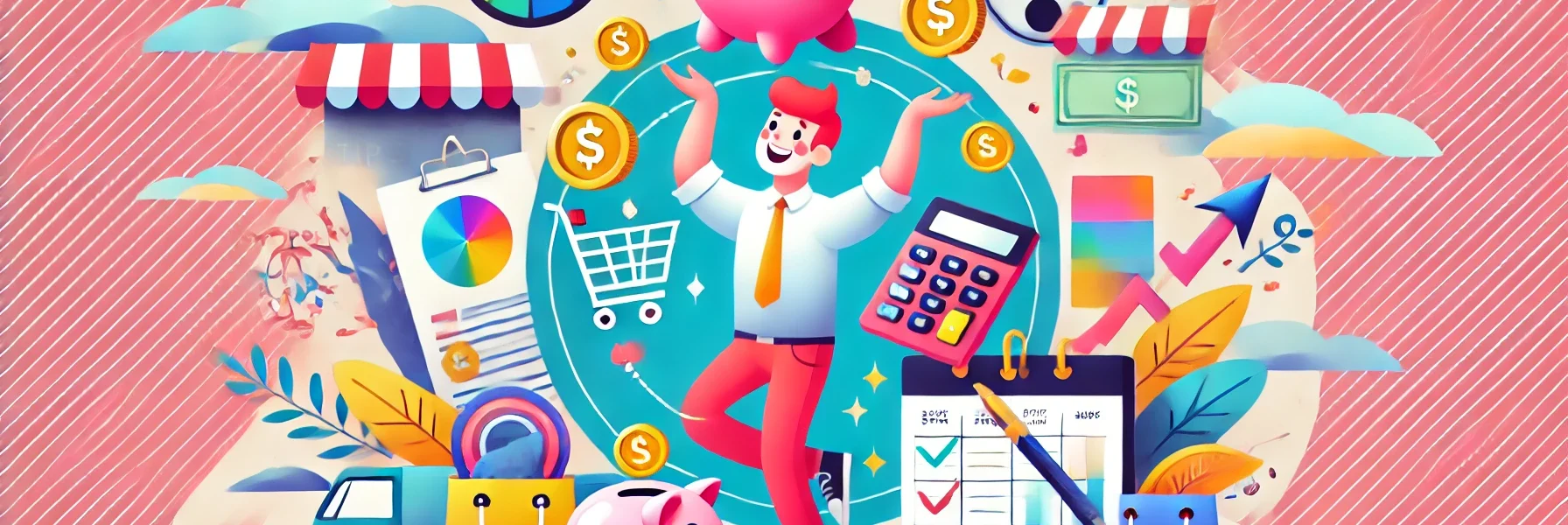 A cheerful person juggling coins, a piggy bank, and a planner against a colorful background with money symbols, shopping bags, and entertainment icons.