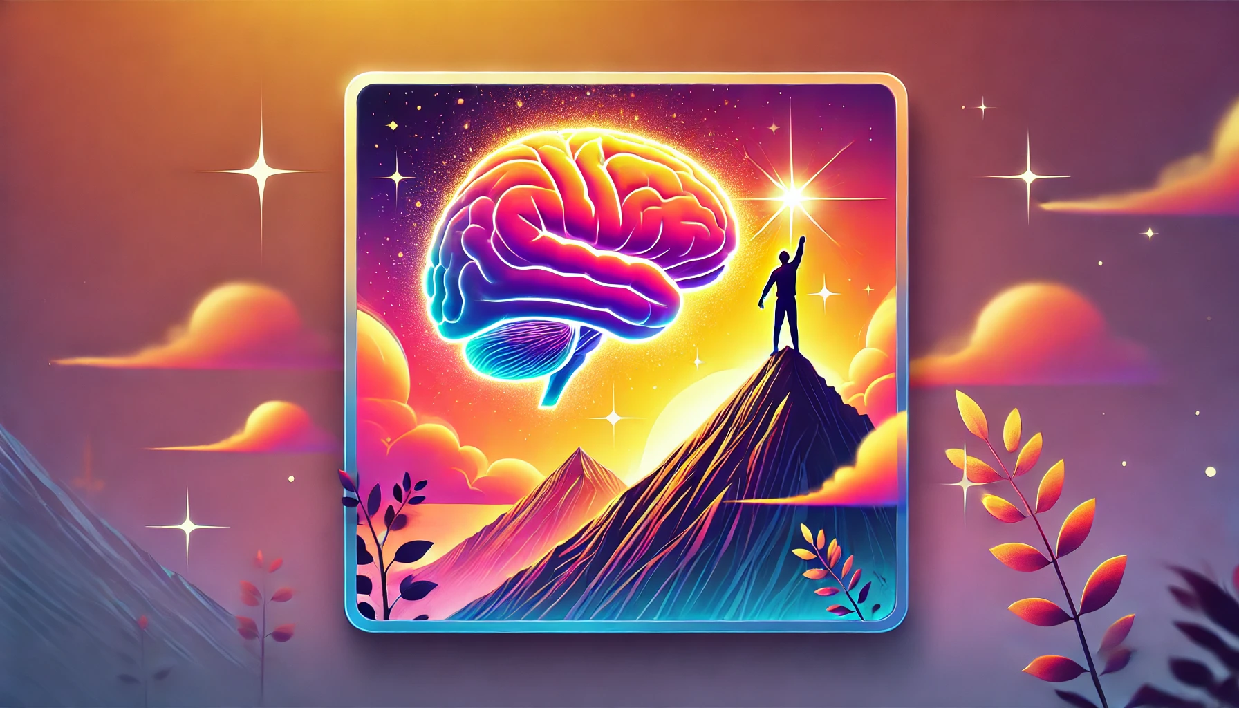 A person triumphantly standing on a mountain peak at sunrise, with a glowing brain in the sky symbolizing a positive mindset, set against a vibrant, borderless scene of warm orange, pink, and yellow hues.