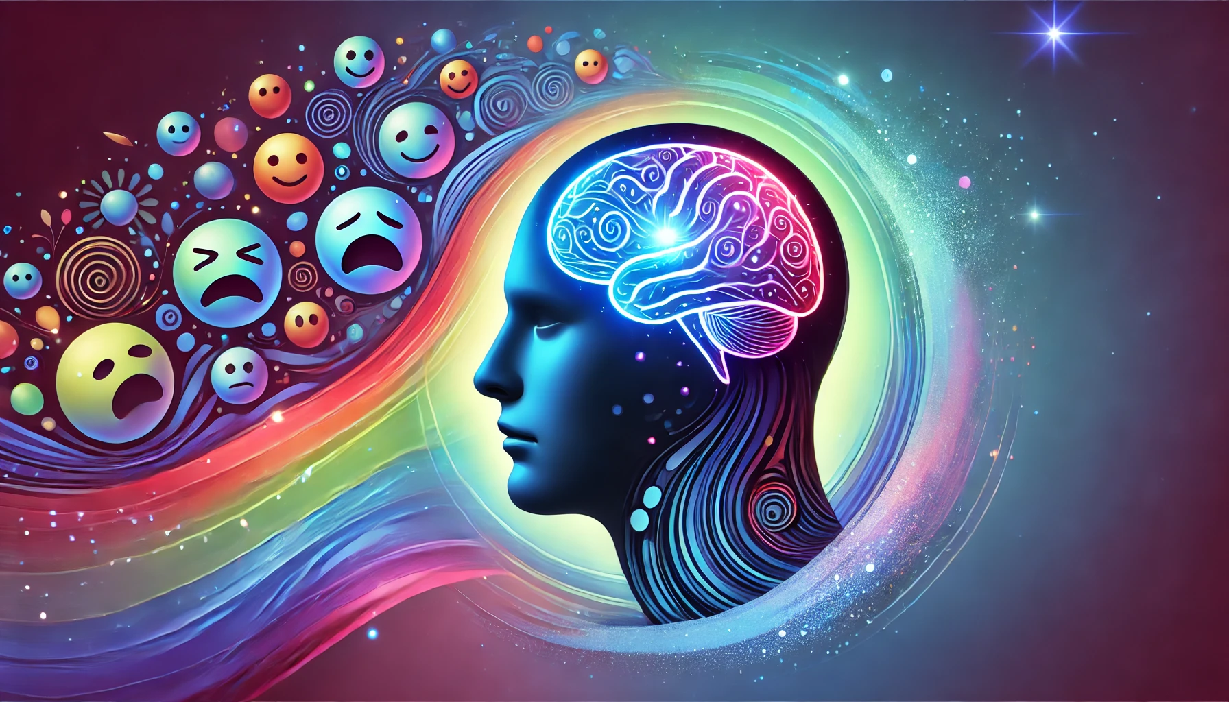 A human silhouette with a glowing blue brain, surrounded by colorful abstract shapes representing emotions, set against a calming blue and purple gradient background.