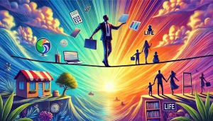 Digital artwork of balancing work and life, showing a person on a tightrope with work items on one side and life elements on the other, against a colorful sunrise background symbolizing harmony.