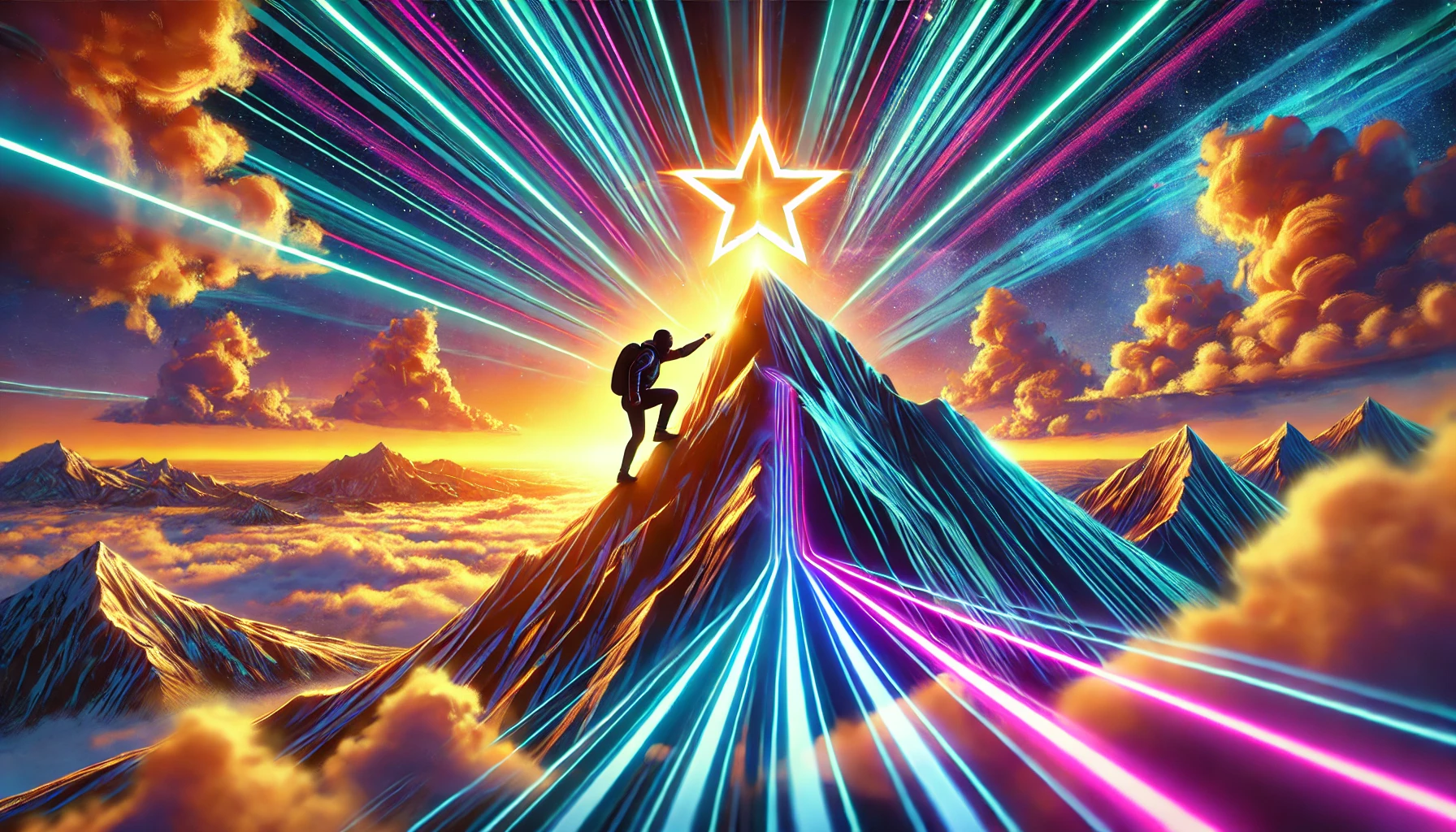 Motivational digital art of a person climbing a steep mountain toward a glowing peak, symbolizing self-discipline and success.