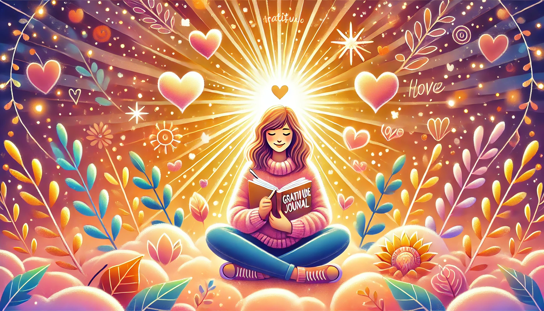 A peaceful person holding a gratitude journal, surrounded by glowing affirmations like hearts, sun, and leaves, symbolizing positivity and calmness in a serene, warm-colored background. Perfect for inspiring gratitude and mindfulness.