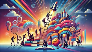 Vibrant digital art featuring diverse individuals rising from humble beginnings with motivational elements like a ladder, sunrise, books, and a rocket, symbolizing success and resilience.