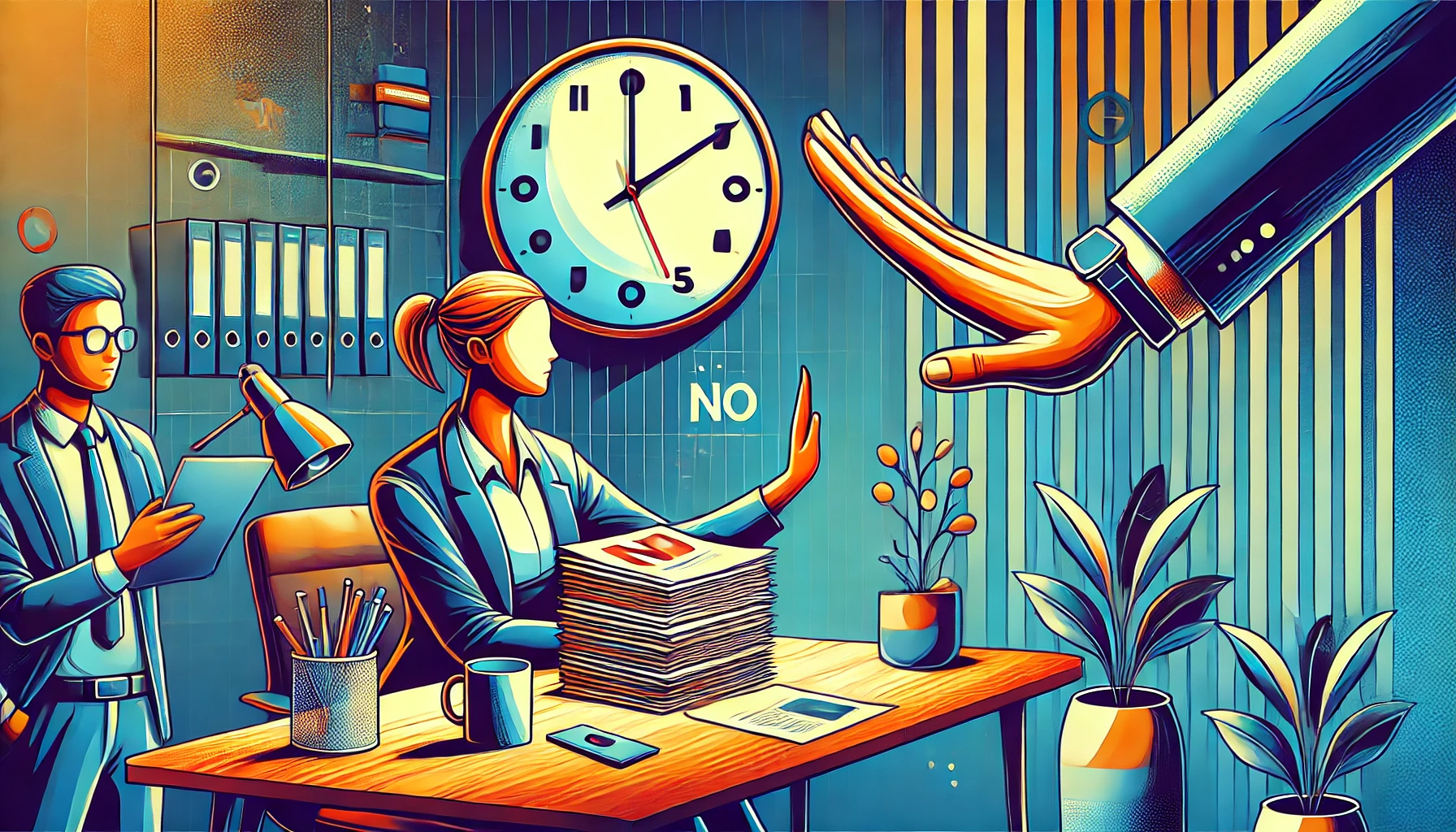 Digital artwork of a professional office with a confident individual at a desk, gesturing 'no' to papers, symbolizing time management and setting boundaries