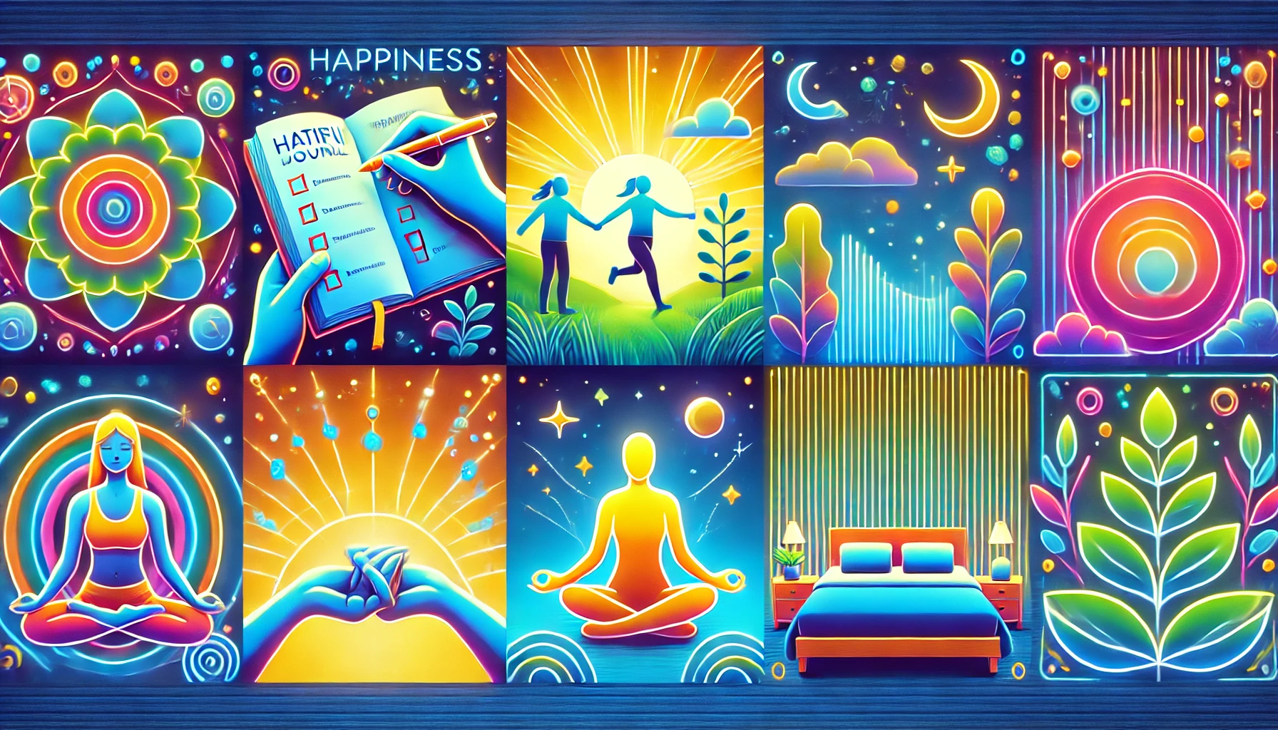 Vibrant yet minimal thumbnail featuring icons for happiness habits: gratitude journal, exercise, connection, meditation, and sleep on a clean white background.